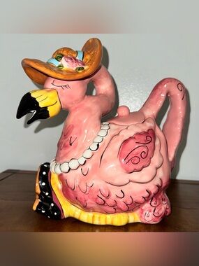 Pink Flamingo Ceramic Teapot with Hat Accent